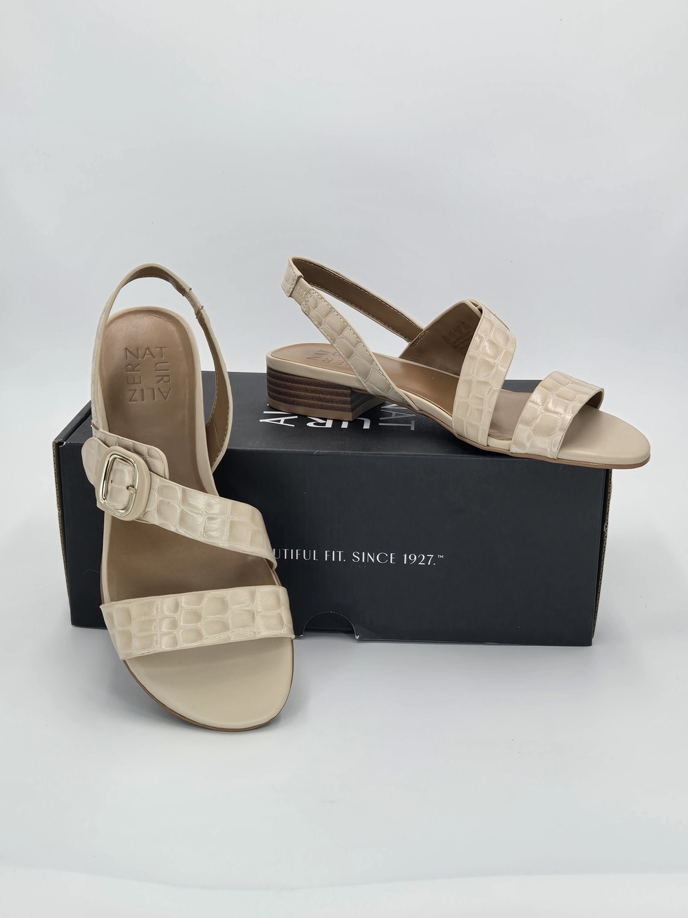 Naturalizer Meesha Tan Croc-Textured Slingback Low Block Heel Sandals Size 7